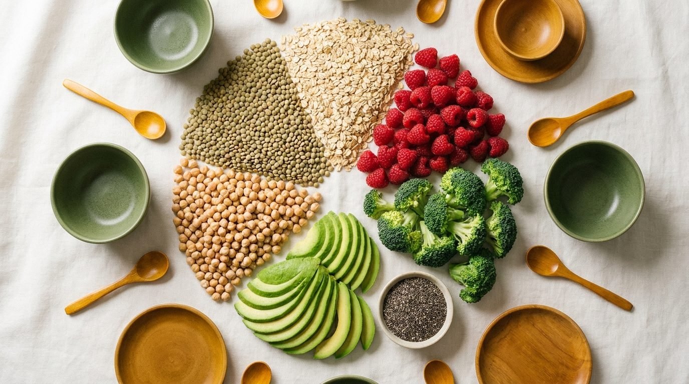A spread of high-fiber whole foods including lentils, oats, raspberries, broccoli, chia seeds, and chickpeas